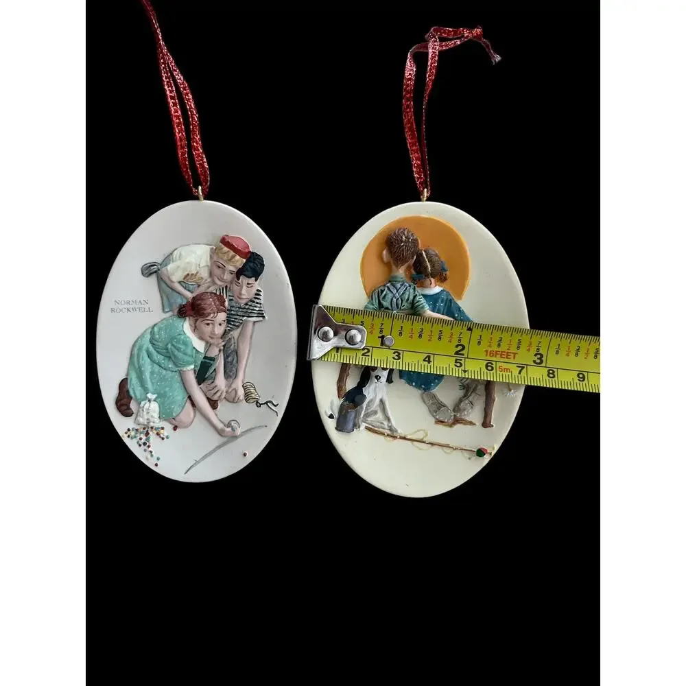 Little Spooners And Marbles Champion Norman Rockwell Art 2 Hallmark Ornaments